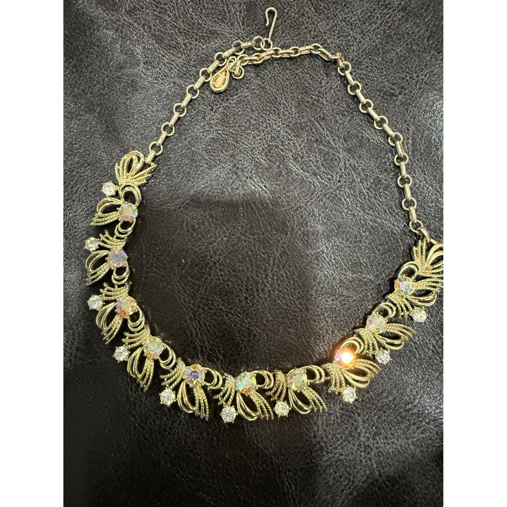 Coro Gold Tone‎ Rhinestone Floral Necklace Choker Statement Chandelier